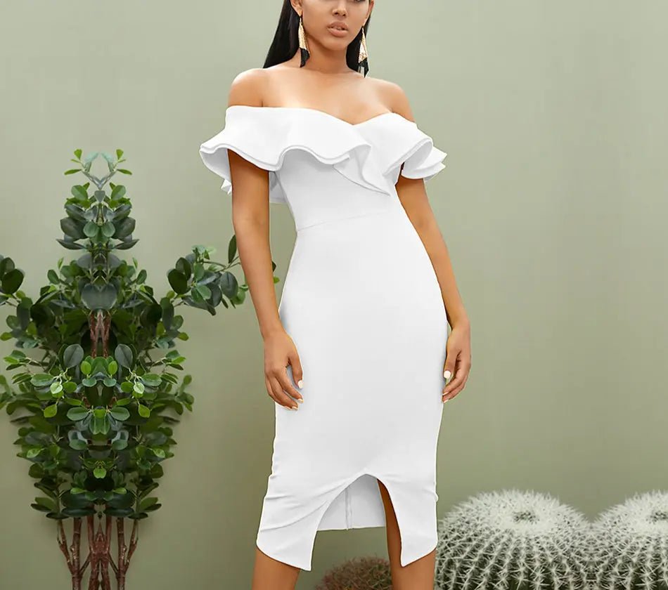 Off Shoulder Ruffles Midi Dress - Mscooco.co.uk