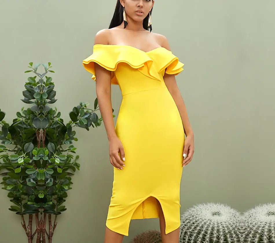 Off Shoulder Ruffles Midi Dress - Mscooco.co.uk