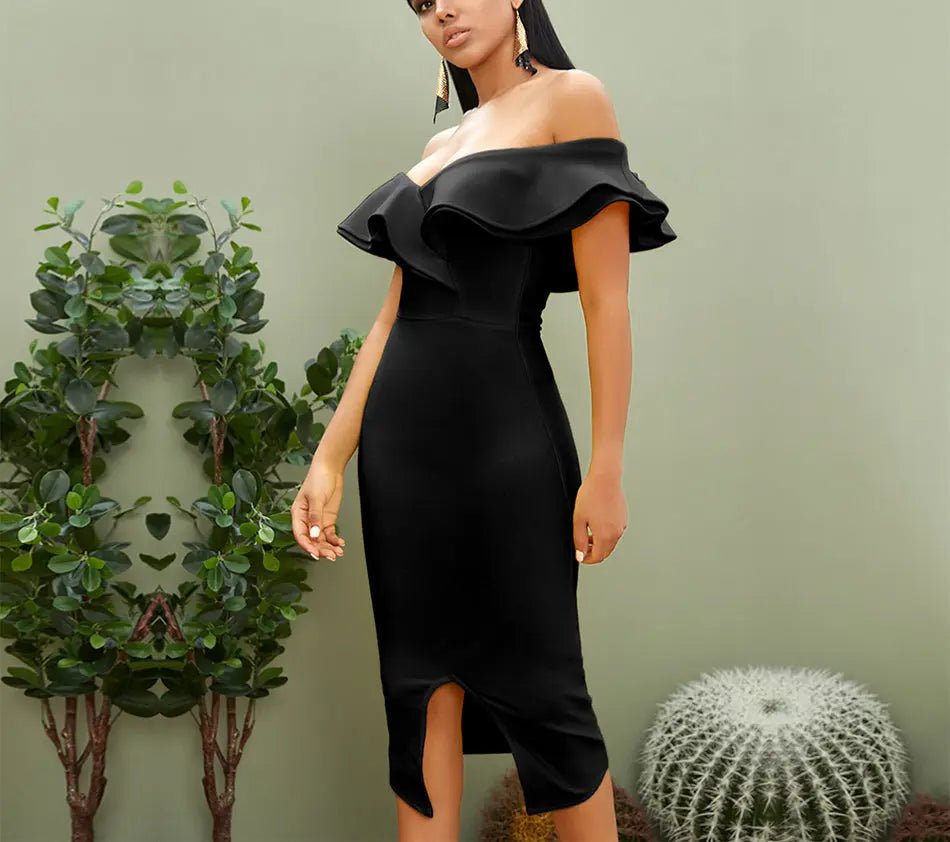 Off Shoulder Ruffles Midi Dress - Mscooco.co.uk