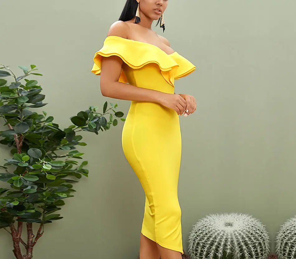 Off Shoulder Ruffles Midi Dress - Mscooco.co.uk