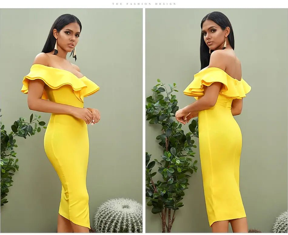 Off Shoulder Ruffles Midi Dress - Mscooco.co.uk