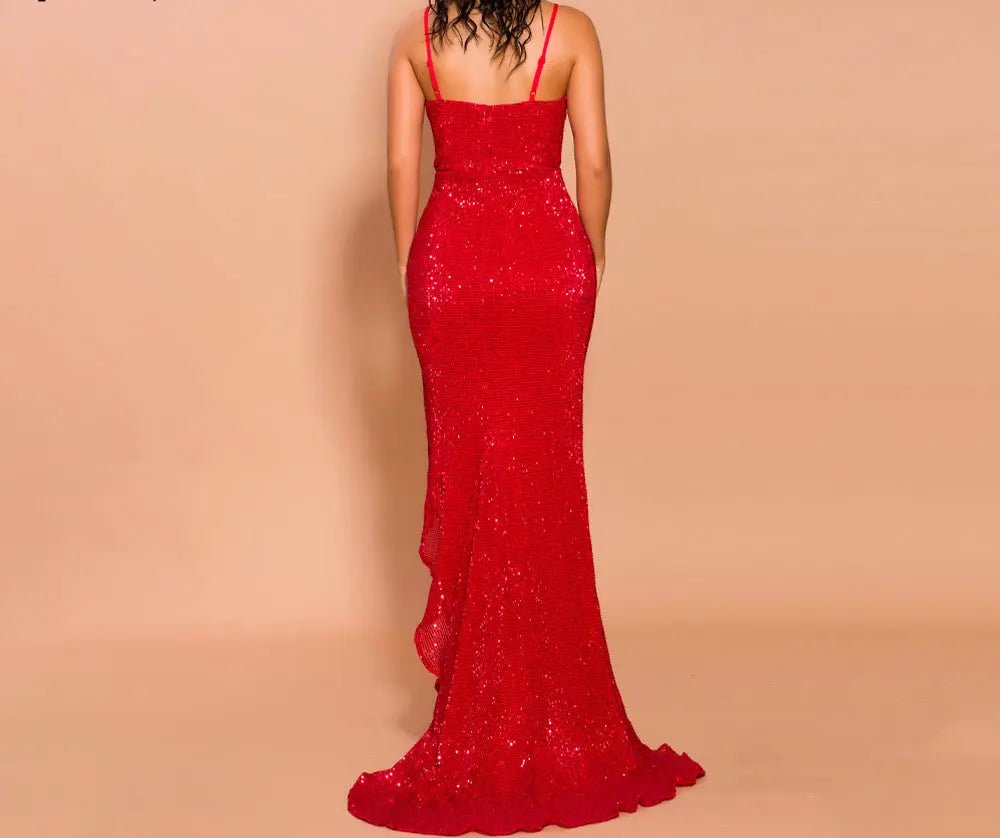 Off Shoulder Sequin High Split Elegant Maxi Dress - Mscooco.co.uk