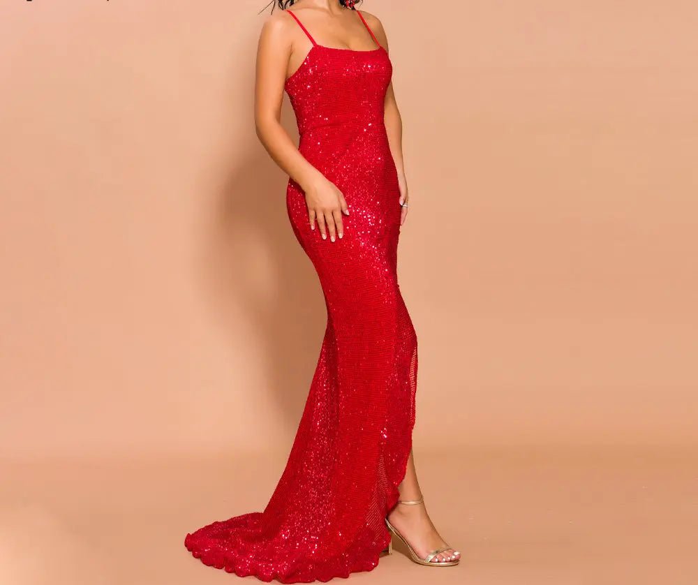 Off Shoulder Sequin High Split Elegant Maxi Dress - Mscooco.co.uk