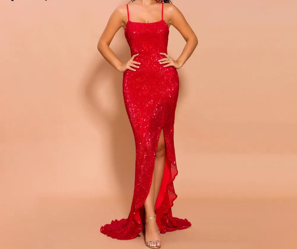 Off Shoulder Sequin High Split Elegant Maxi Dress - Mscooco.co.uk