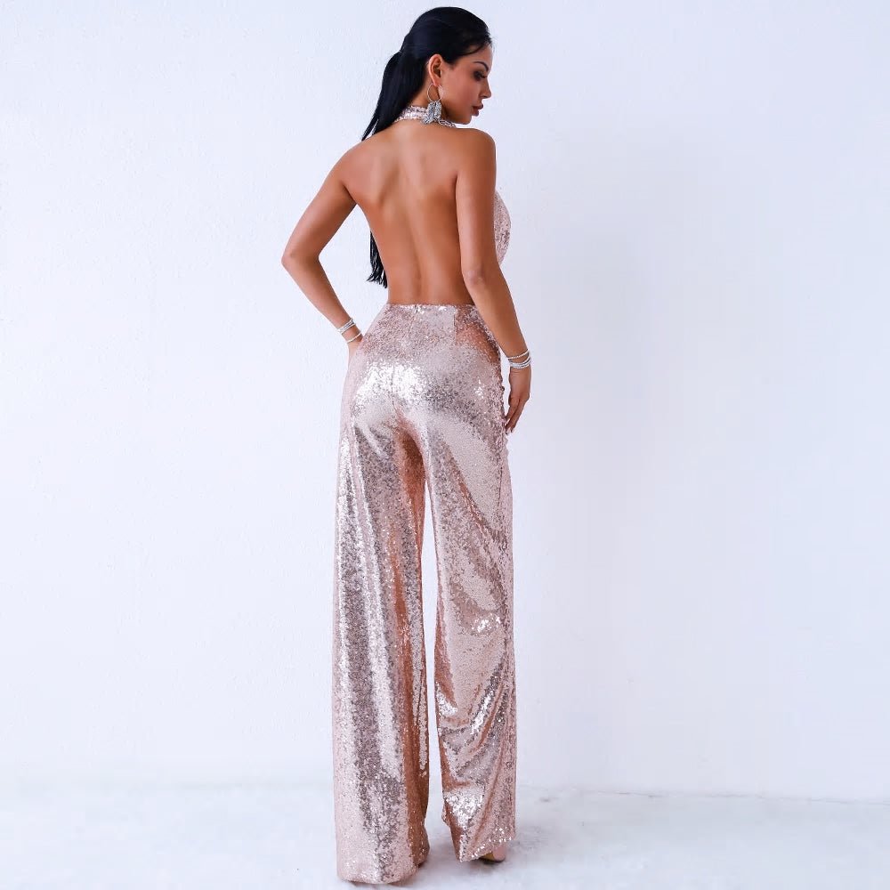 Off Shoulder Sleeveless Backless Sequin Jumpsuit - Mscooco.co.uk