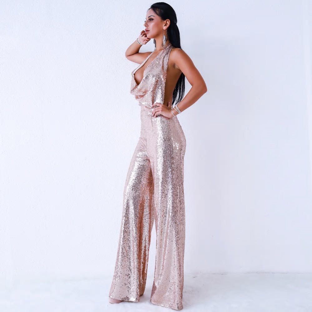 Off Shoulder Sleeveless Backless Sequin Jumpsuit - Mscooco.co.uk