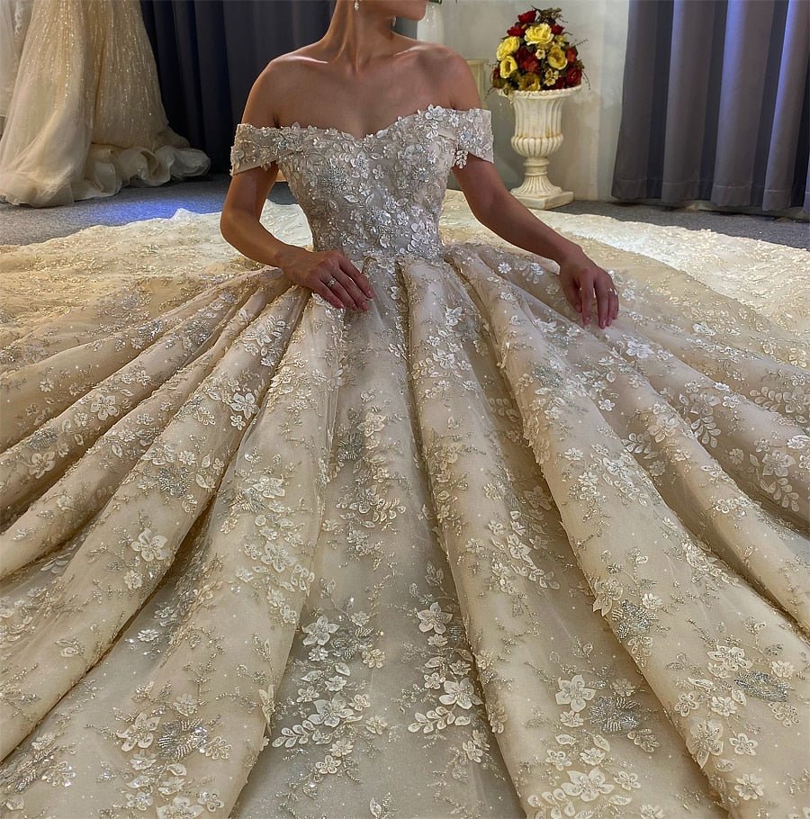 Off The Shoulder Flowers Wedding Dress - Mscooco.co.uk