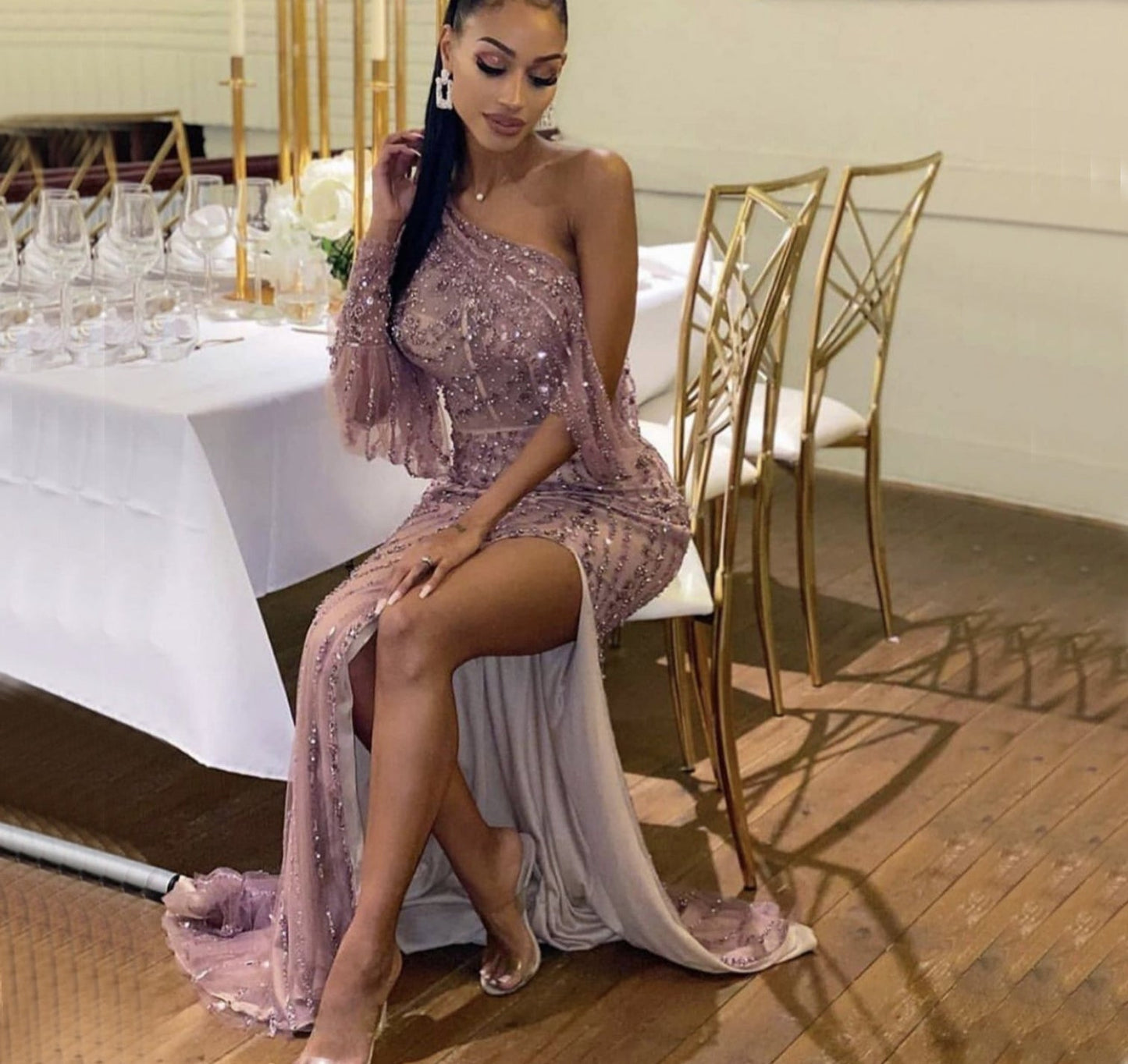 One shoulder Beaded Sparkle Evening Gown - Mscooco.co.uk
