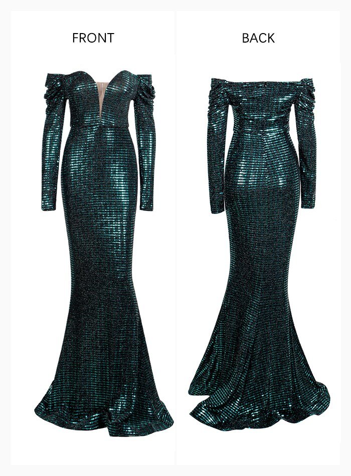 Open Shoulder Sequins Long Sleeve Maxi Dress - Mscooco.co.uk