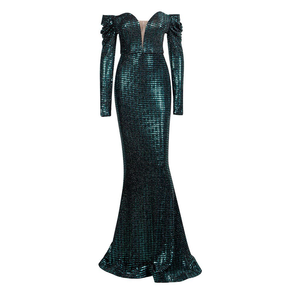 Open Shoulder Sequins Long Sleeve Maxi Dress - Mscooco.co.uk