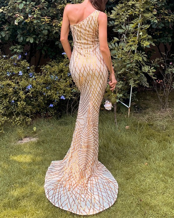 Paloma One Shoulder Sequin Evening Dress - Mscooco.co.uk