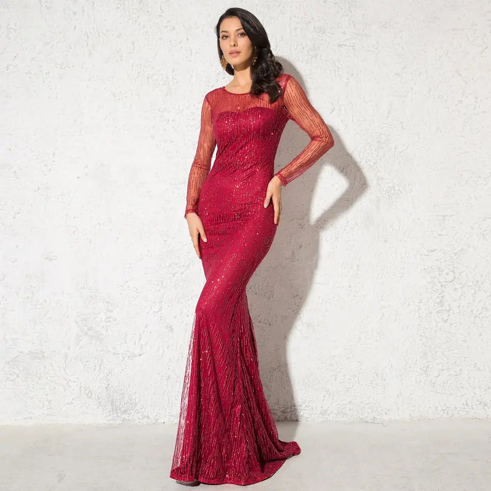 Paradise - Burgundy Bodycon Glitter Maxi Dress - Mscooco.co.uk