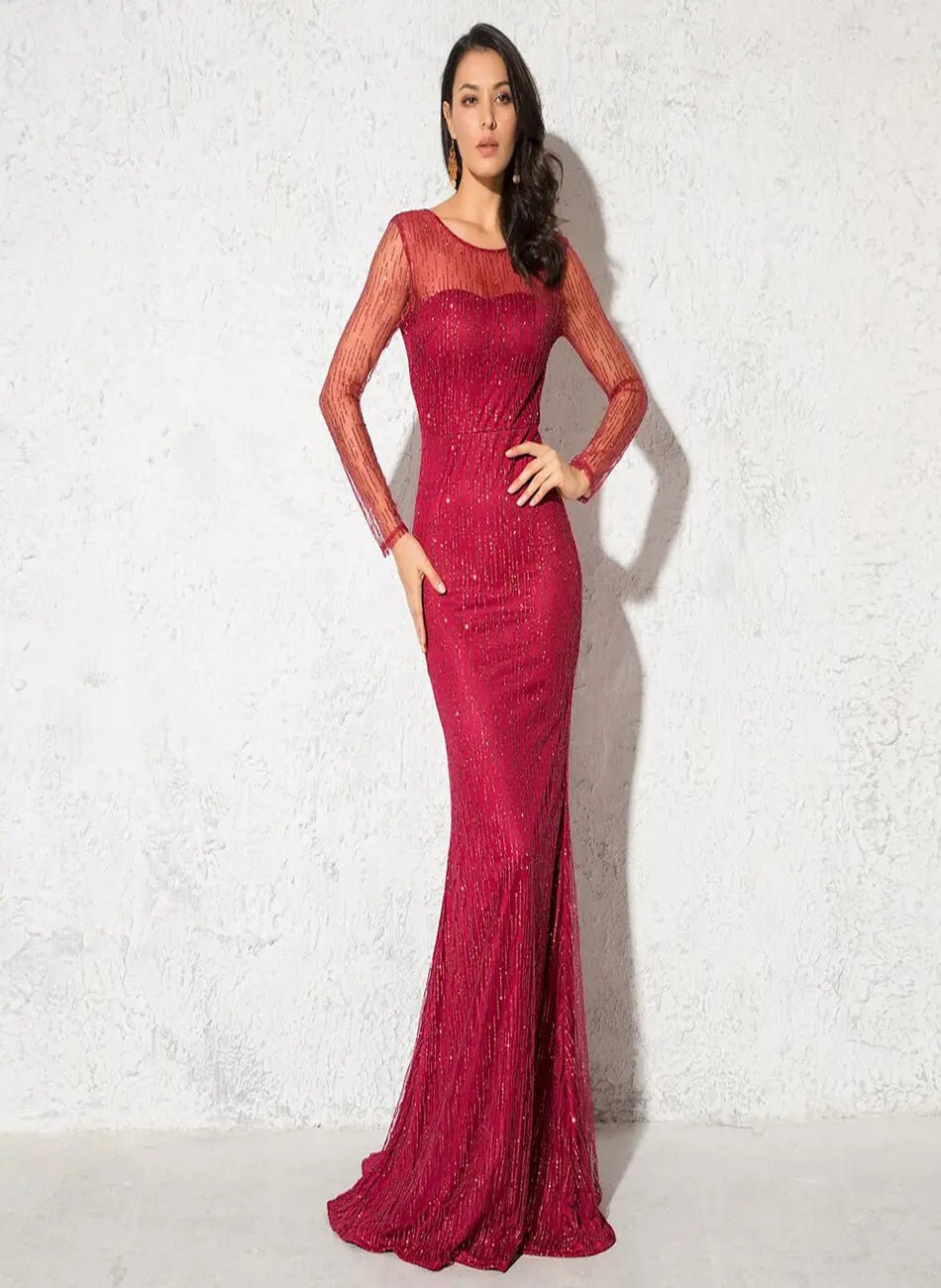 Paradise - Burgundy Bodycon Glitter Maxi Dress - Mscooco.co.uk