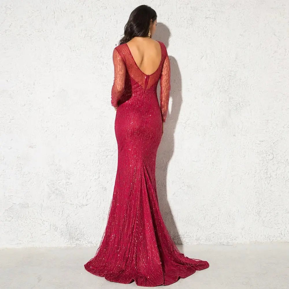 Paradise - Burgundy Bodycon Glitter Maxi Dress - Mscooco.co.uk