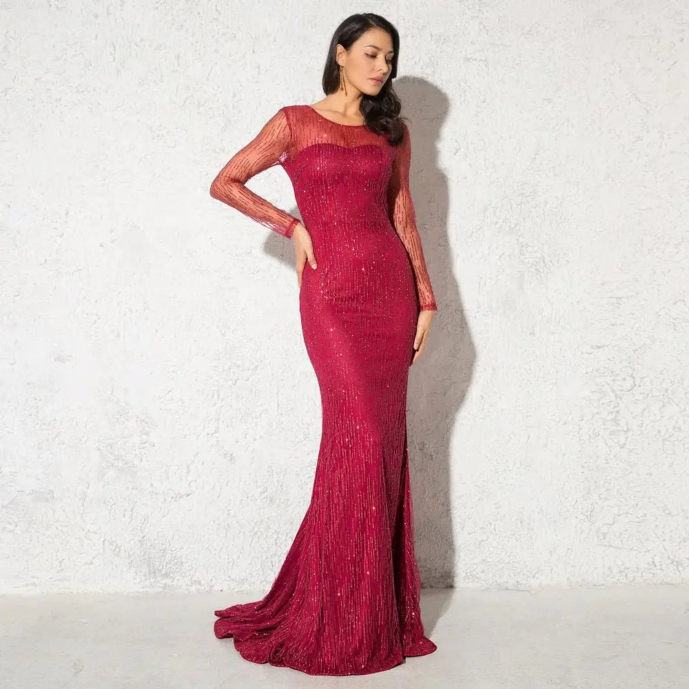 Paradise - Burgundy Bodycon Glitter Maxi Dress - Mscooco.co.uk