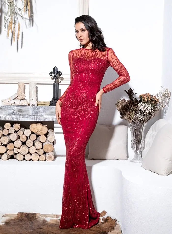 Paradise _ Red Bodycon Glitter Maxi Dress - Mscooco.co.uk