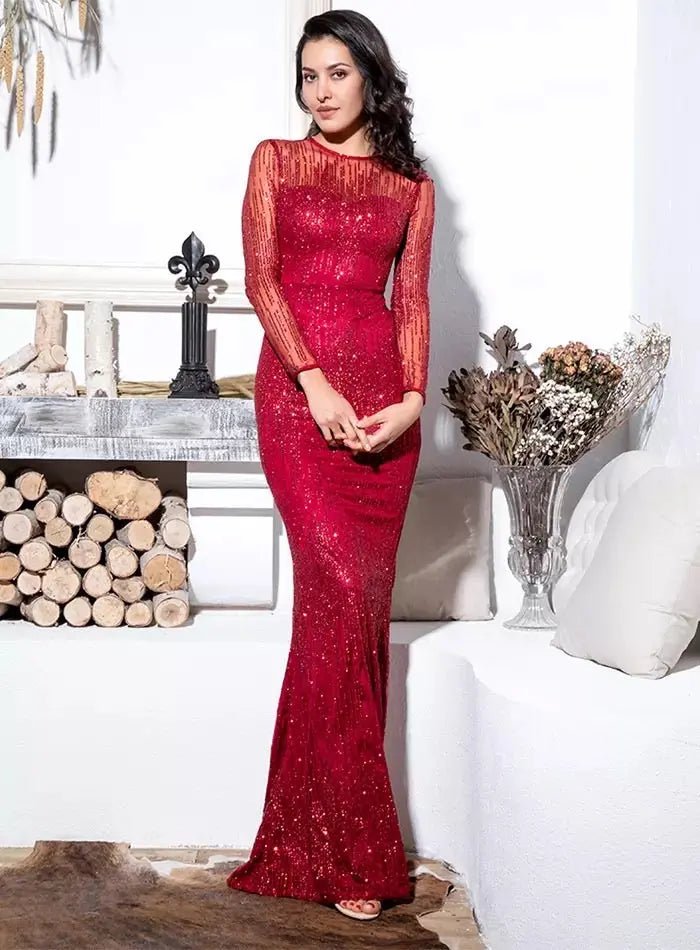 Paradise _ Red Bodycon Glitter Maxi Dress - Mscooco.co.uk