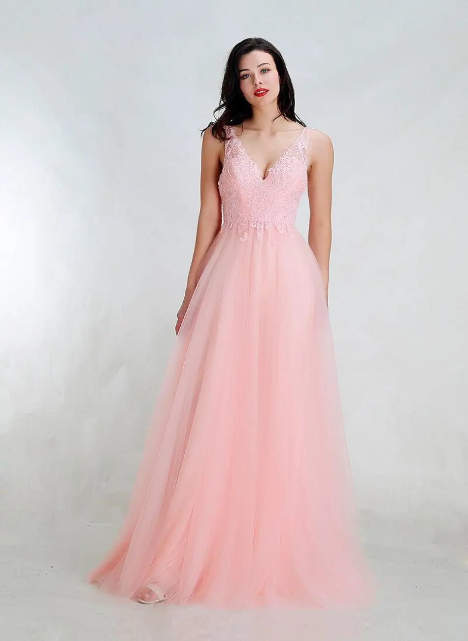 Perri - Pink V-Neck A Line Prom Dress - Mscooco.co.uk