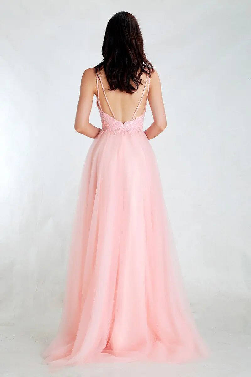 Perri - Pink V-Neck A Line Prom Dress - Mscooco.co.uk