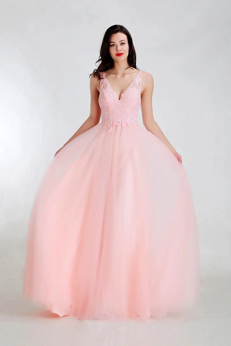 Perri - Pink V-Neck A Line Prom Dress - Mscooco.co.uk