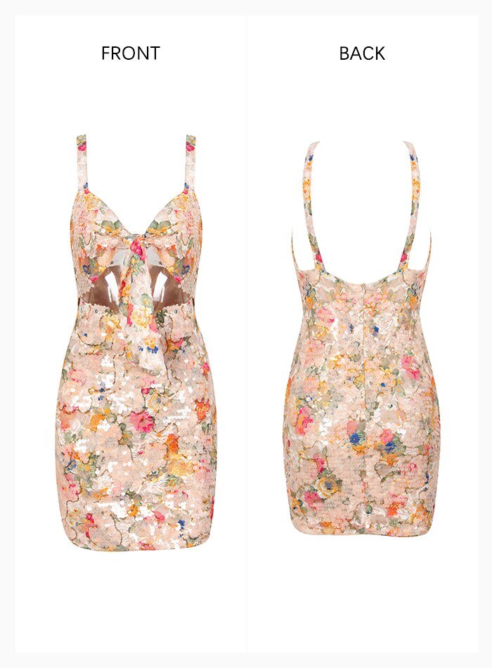 Pink Bow Cut Out Flower Sequin Bodycon Party Mini Dress - Mscooco.co.uk