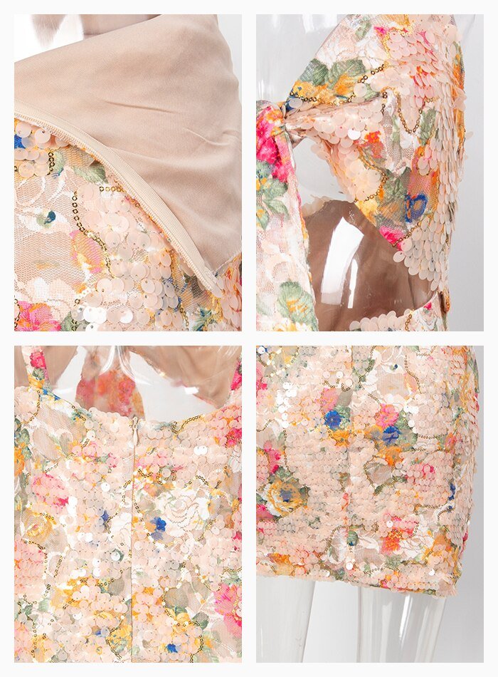 Pink Bow Cut Out Flower Sequin Bodycon Party Mini Dress - Mscooco.co.uk