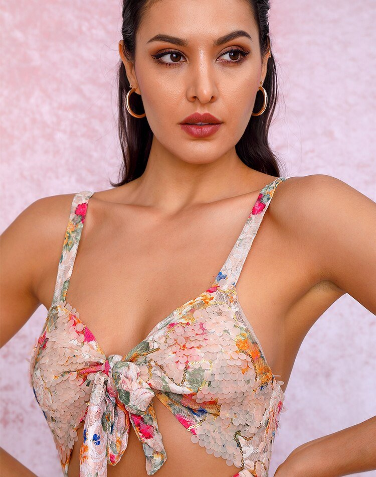 Pink Bow Cut Out Flower Sequin Bodycon Party Mini Dress - Mscooco.co.uk