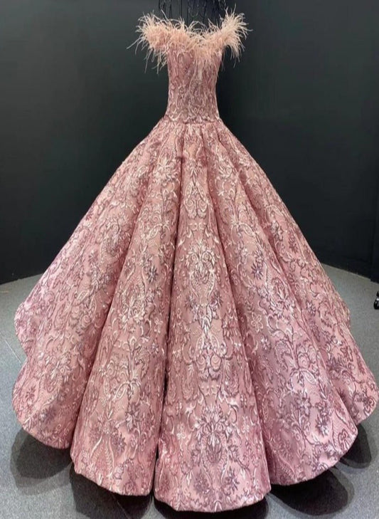 Pink High-end Feathers Sequins Bridal Gown - Mscooco.co.uk