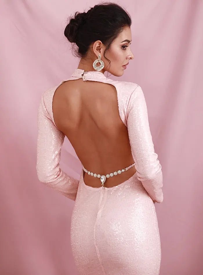Pink High Neck Open Back Rhinestone Sequins Long Sleeve Maxi Dress - Mscooco.co.uk