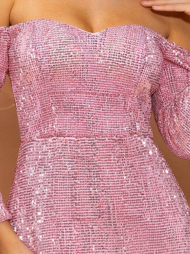 Pink Long Sleeves Sequins Maxi Dress - Mscooco.co.uk