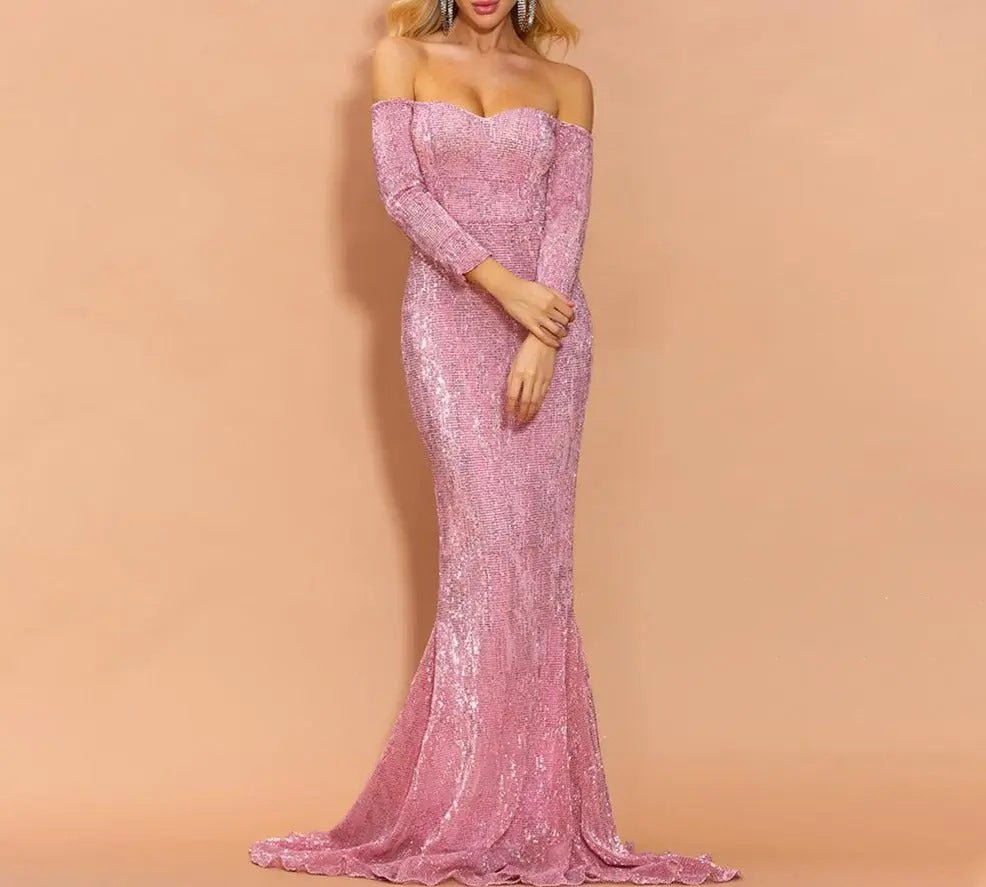 Pink Long Sleeves Sequins Maxi Dress - Mscooco.co.uk