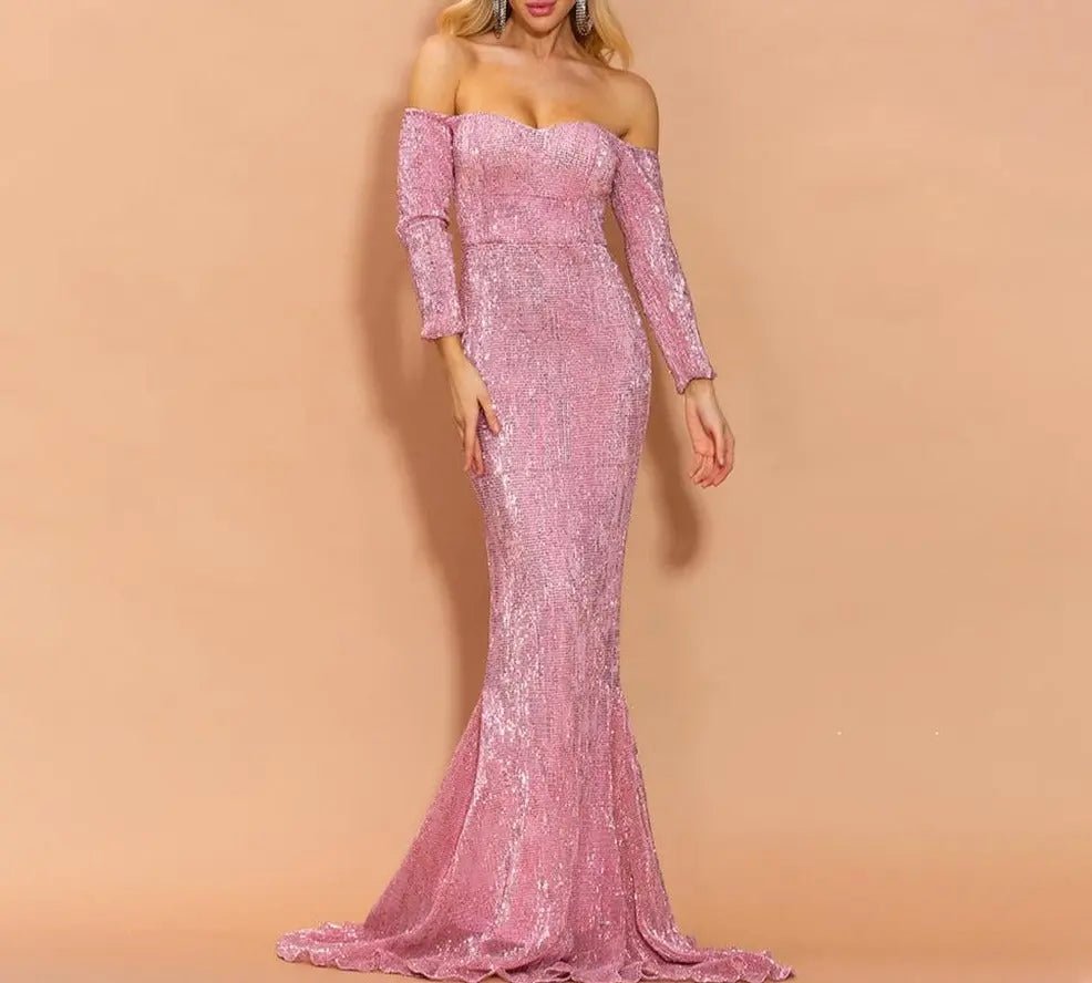 Pink Long Sleeves Sequins Maxi Dress - Mscooco.co.uk