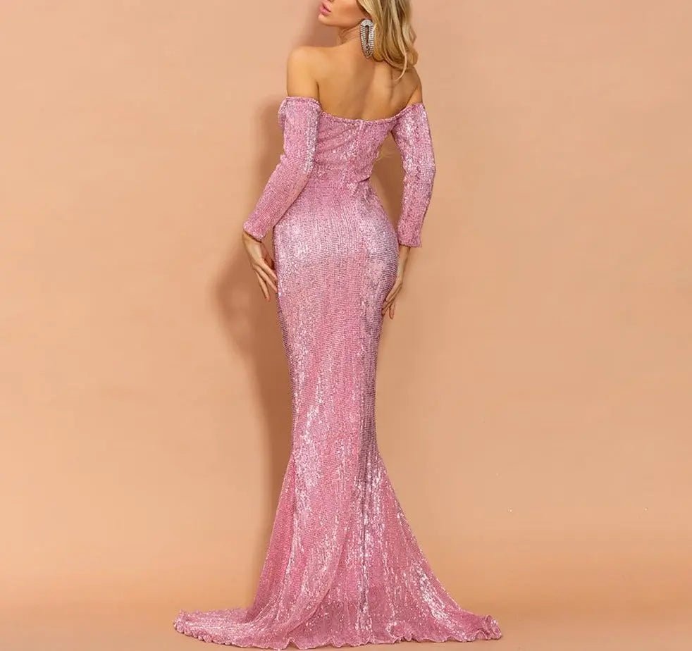 Pink Long Sleeves Sequins Maxi Dress - Mscooco.co.uk