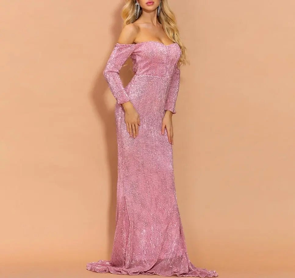Pink Long Sleeves Sequins Maxi Dress - Mscooco.co.uk