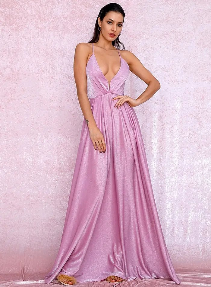 Pink Sexy Backless High Waist Cross Straps Deep V-Neck Puffs Maxi Dress - Mscooco.co.uk