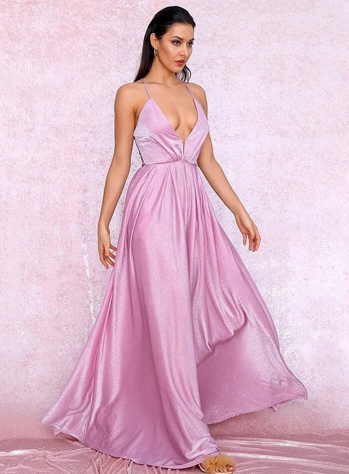 Pink Sexy Backless High Waist Cross Straps Deep V-Neck Puffs Maxi Dress - Mscooco.co.uk