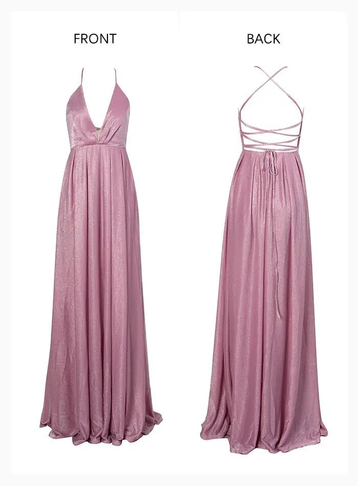 Pink Sexy Backless High Waist Cross Straps Deep V-Neck Puffs Maxi Dress - Mscooco.co.uk