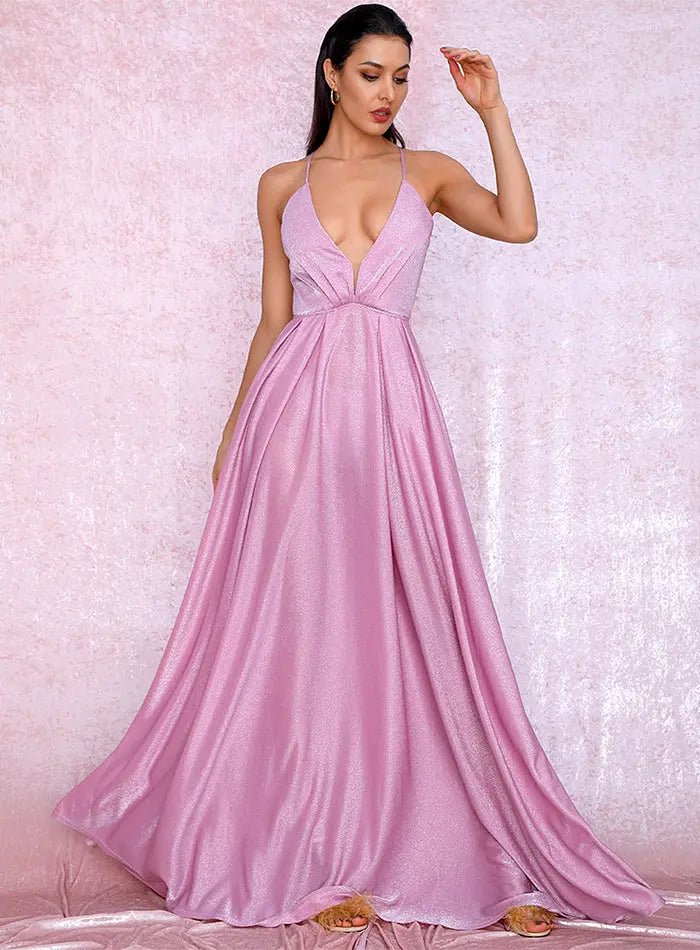 Pink Sexy Backless High Waist Cross Straps Deep V-Neck Puffs Maxi Dress - Mscooco.co.uk