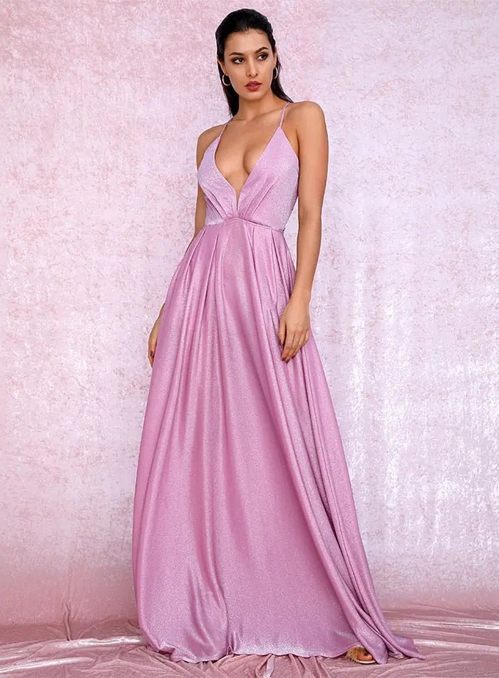 Pink Sexy Backless High Waist Cross Straps Deep V-Neck Puffs Maxi Dress - Mscooco.co.uk