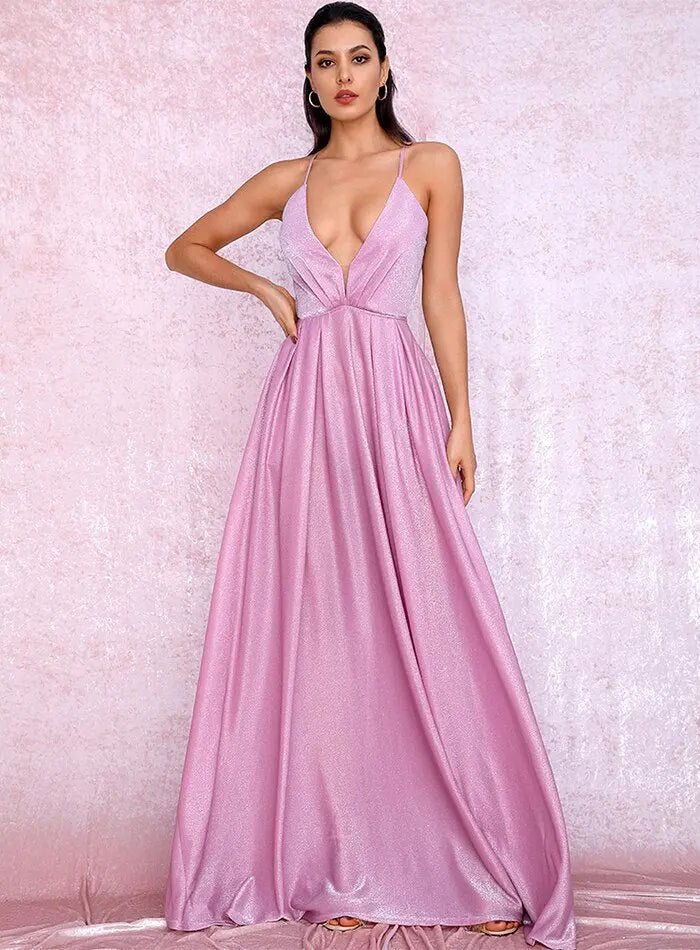 Pink Sexy Backless High Waist Cross Straps Deep V-Neck Puffs Maxi Dress - Mscooco.co.uk