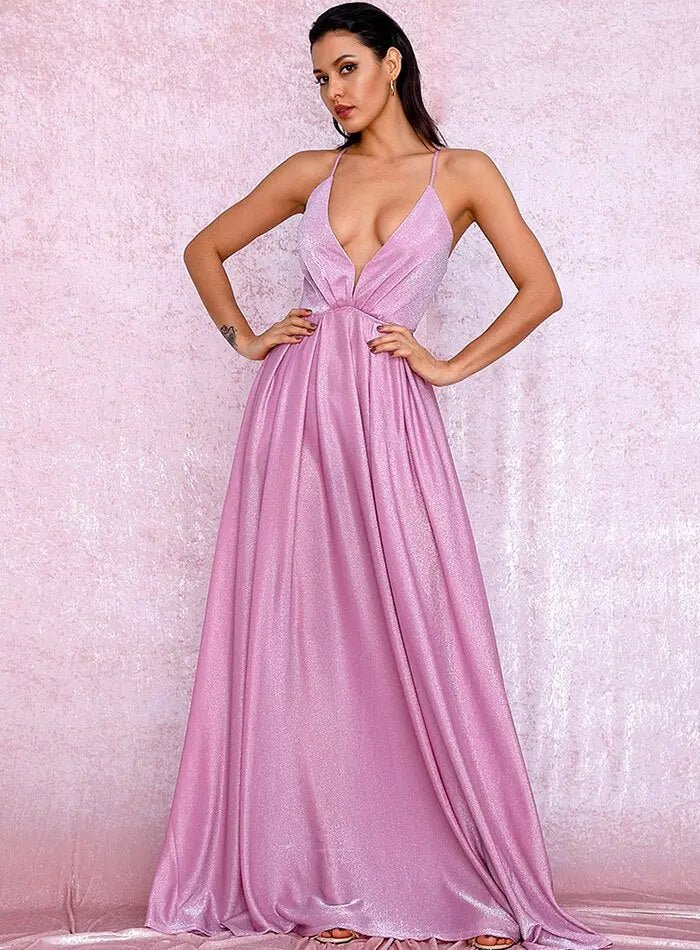 Pink Sexy Backless High Waist Cross Straps Deep V-Neck Puffs Maxi Dress - Mscooco.co.uk