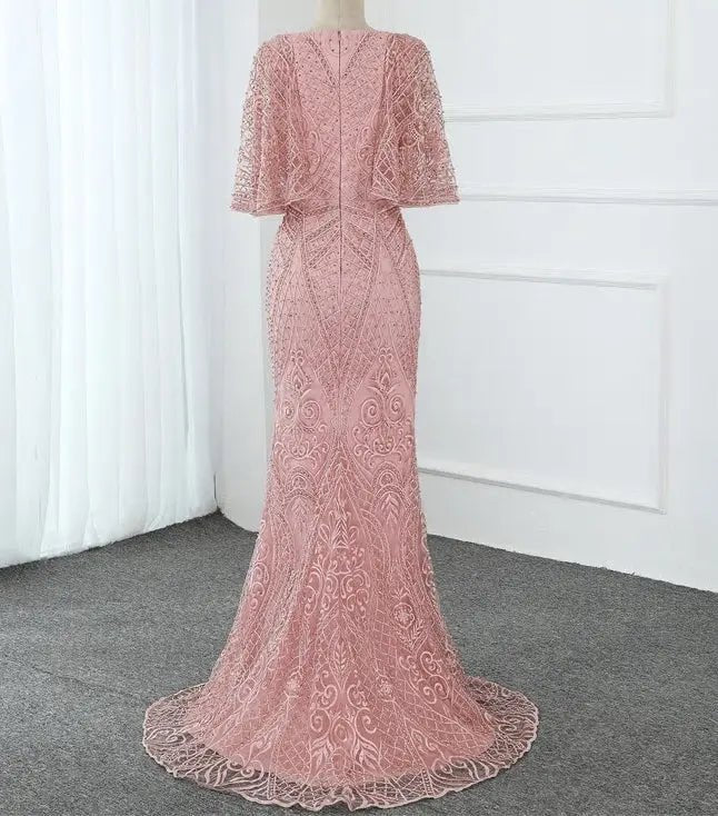 Pink V-Neck Pearls Lace Evening Gown - Mscooco.co.uk