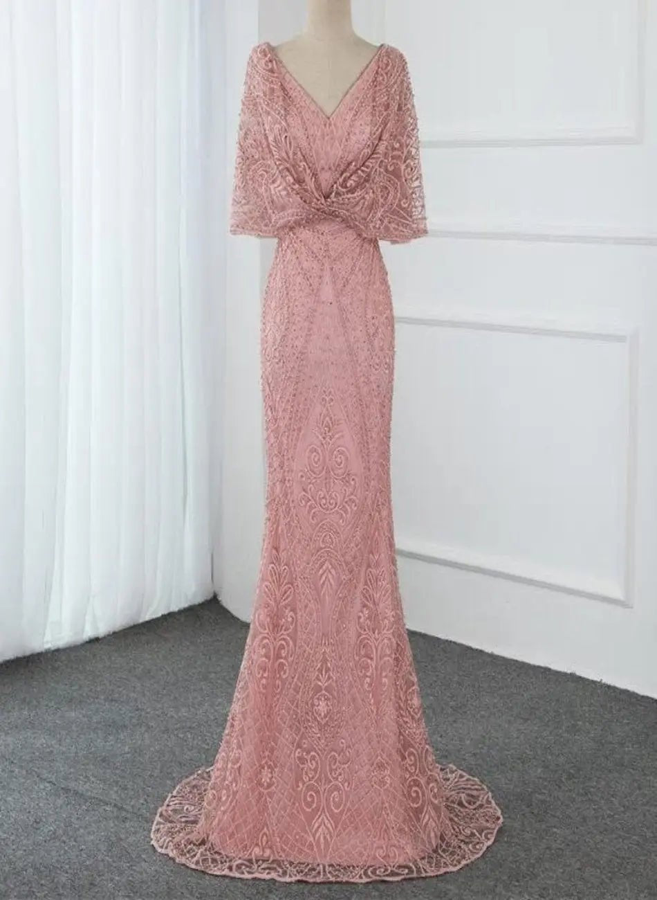 Pink V-Neck Pearls Lace Evening Gown - Mscooco.co.uk