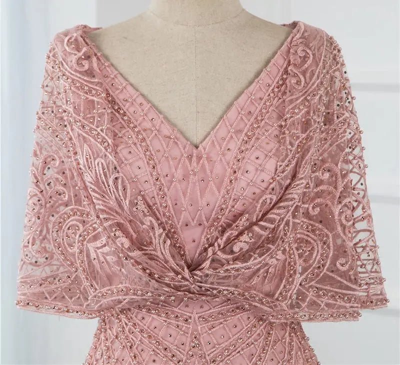 Pink V-Neck Pearls Lace Evening Gown - Mscooco.co.uk