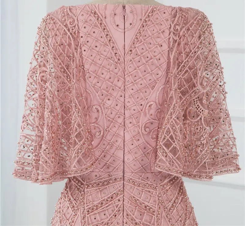 Pink V-Neck Pearls Lace Evening Gown - Mscooco.co.uk