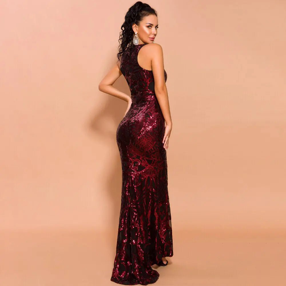 Red O Neck Retro Geometry Sequin Maxi Dress - Mscooco.co.uk