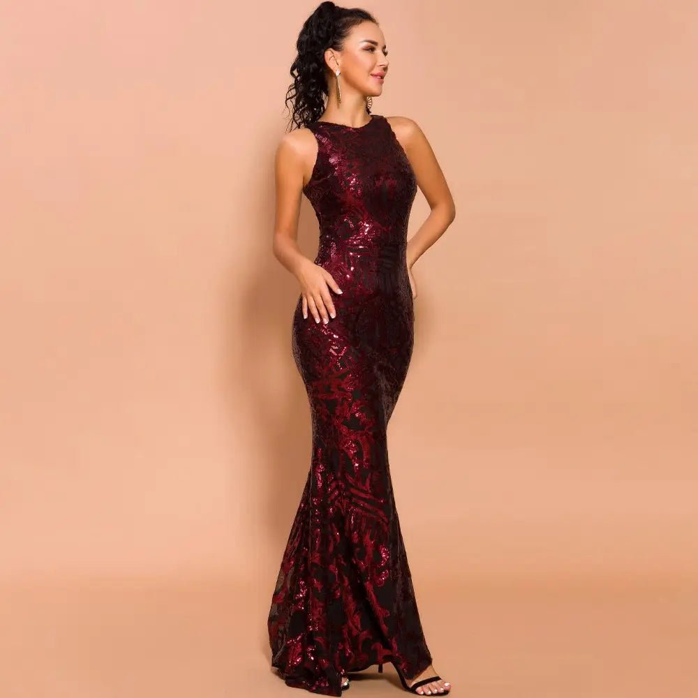 Red O Neck Retro Geometry Sequin Maxi Dress - Mscooco.co.uk