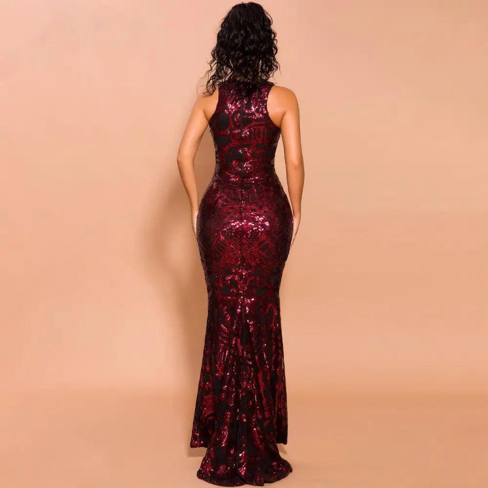 Red O Neck Retro Geometry Sequin Maxi Dress - Mscooco.co.uk