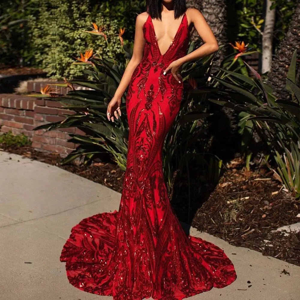 Red V Neck Sequin Backless Maxi Dress - Mscooco.co.uk