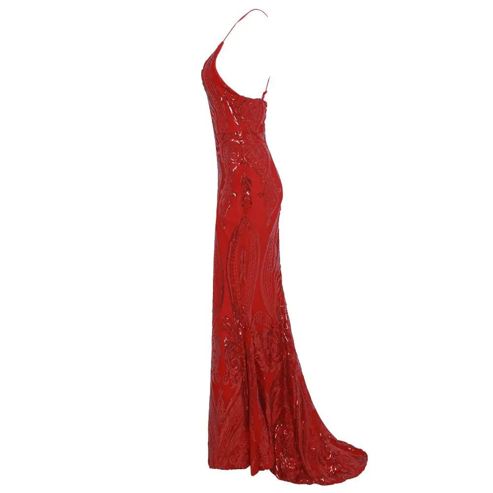 Red V Neck Sequin Backless Maxi Dress - Mscooco.co.uk